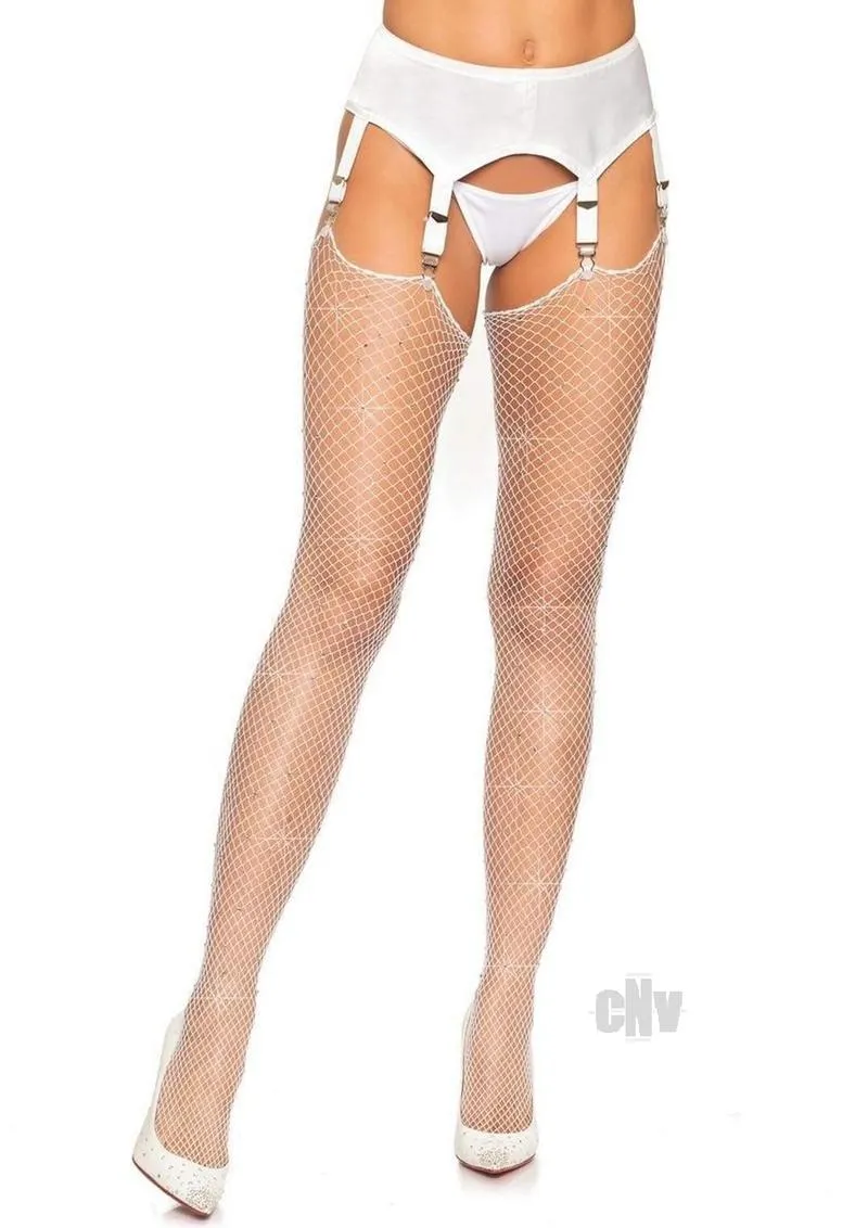 Rhinestone Fishnet Stockings - One Size - White